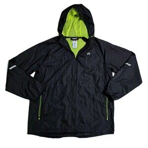 Russell Athletic Men's Large Zip Rain Jacket Run Windbreaker Black Green Hood